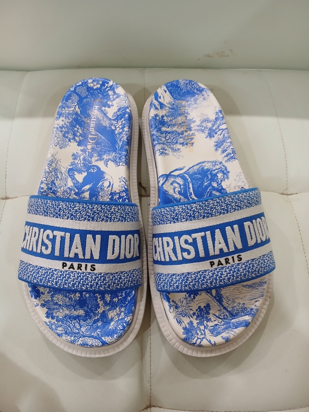 Dior Blue and White Toile Logo Slide Sandals